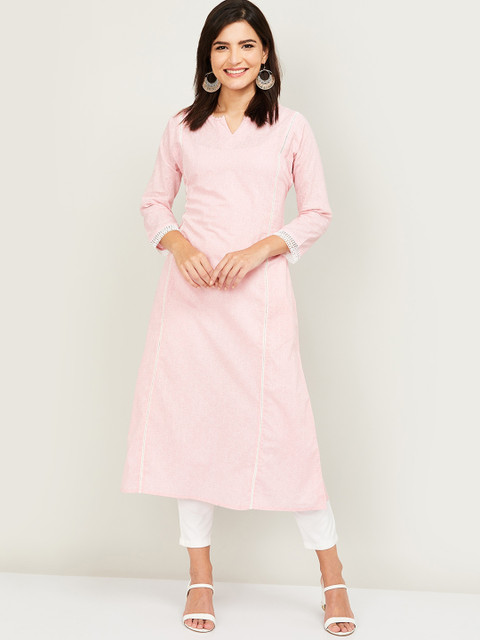 

Melange by Lifestyle Women Pink & White Cotton Printed A-Line Kurta