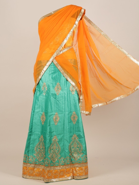 

Pothys Orange & Sea Green Ethnic Motifs Beads and Stones Half Lehenga Saree