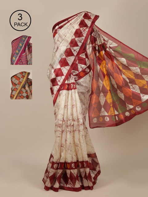 

Pothys Pack Of 3 Purple & Brown & Cream-Coloured Jute Silk Printed Sarees