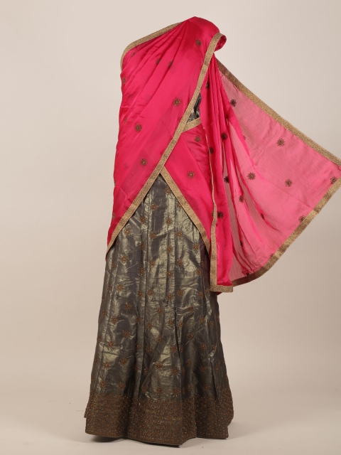 

Pothys Pink Coloured & Gunmetal Embellished Beads and Stones Half Lehenga Saree