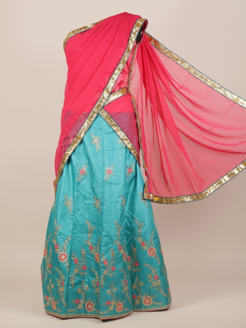 

Pothys Turquoise Blue & Pink Floral Half & Half Saree
