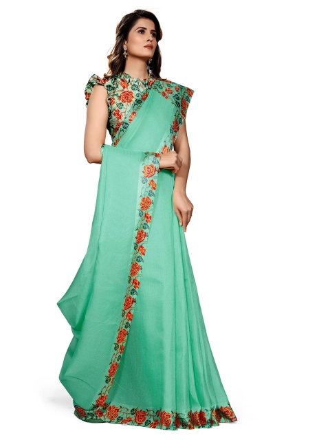 

KALINI Women Teal Jute Floral Printed Saree