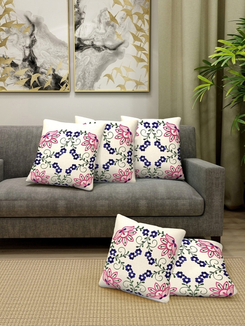 

KLOTTHE Off White & Pink Set of 5 Embroidered Square Cushion Covers