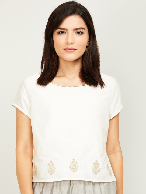 

Melange by Lifestyle Women Off White Solid Regular Top with Printed Detail