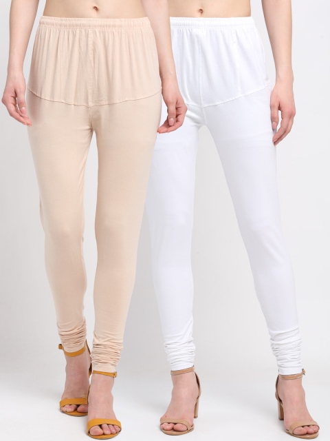 

KLOTTHE Women Pack Of 2 Nude Coloured & White Churidar-Length Cotton Leggings