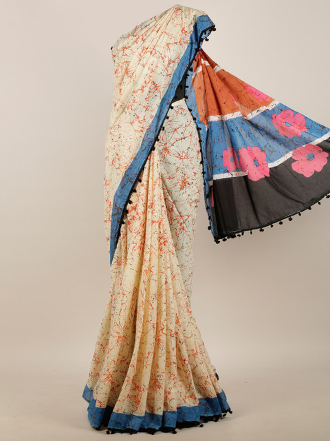 

Pothys Women Cream & Blue Cotton Blend Abstract Printed Saree