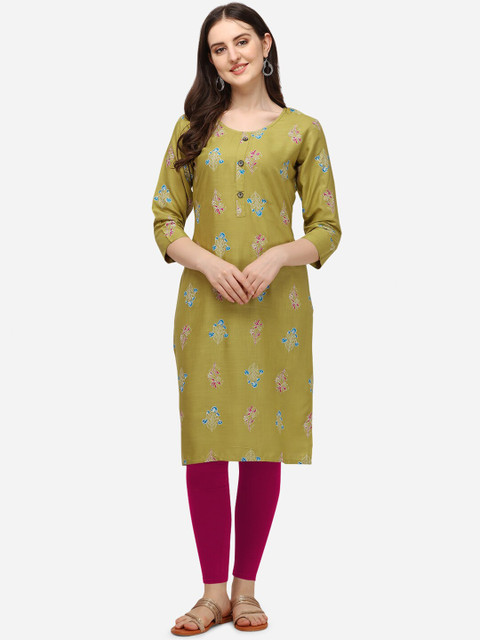 

Yuvraah Women Lime Green & Pink Ethnic Motifs Printed Kurta
