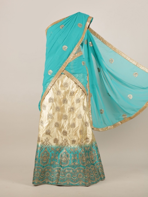 

Pothys Cream-Coloured & Turquoise Blue Ethnic Motifs Embellished Half Lehenga Saree