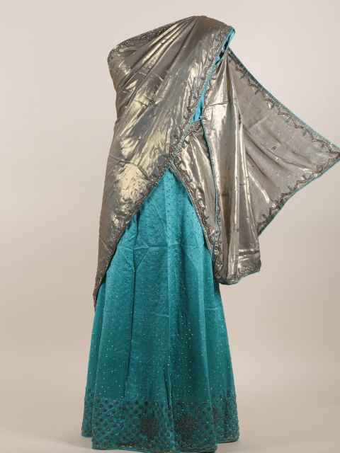 

Pothys Teal Blue & Grey Embellished Beads and Stones Satin Heavy Work Saree