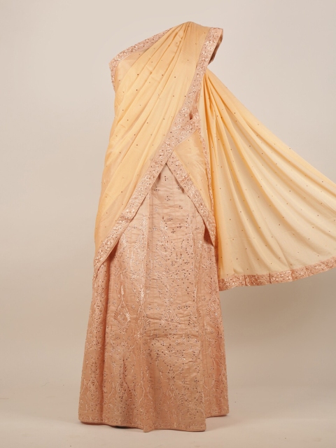 

Pothys Peach-Coloured & Gold Embellished Beads and Stones Half Lehenga Saree