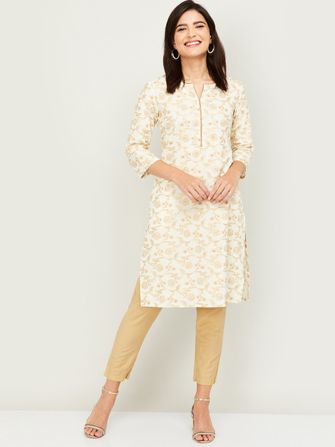

Melange by Lifestyle Women Cream-Coloured & Beige Cotton Woven Design Straight Kurta