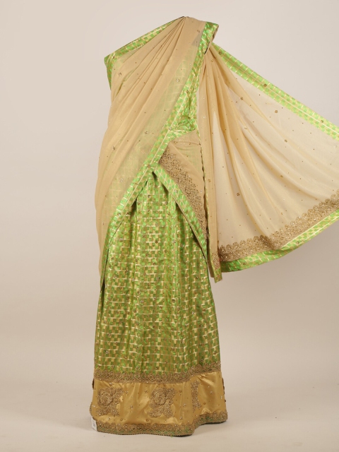 

Pothys Green & Gold-Toned Checked Beads and Stones Satin Lehenga Saree