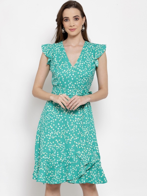 

Jade Garden Sea Green & White Floral Printed Knee-Length Wrap Sustainable Dress