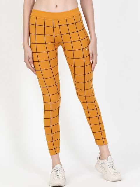 

V2 Value & Variety Women Mustard Yellow & Black Checked Cotton Ankle-Length Leggings