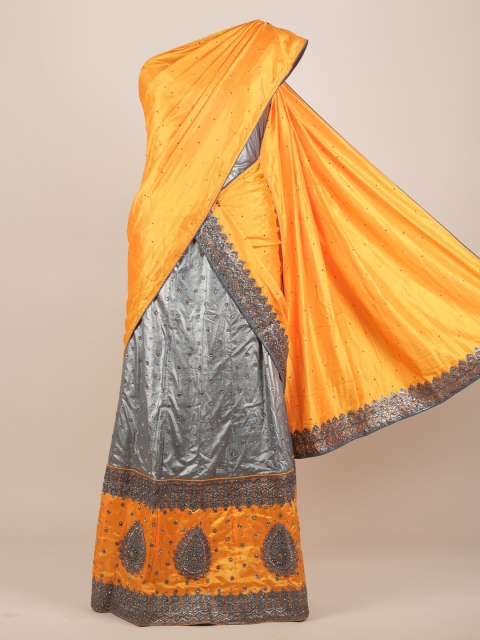 

Pothys Yellow & Grey Ethnic Motifs Jute Silk Half Lehenga Saree