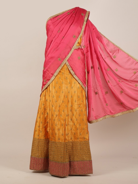 

Pothys Mustard Yellow & Pink Ethnic Motifs Embroidered & Stone Work Half Saree