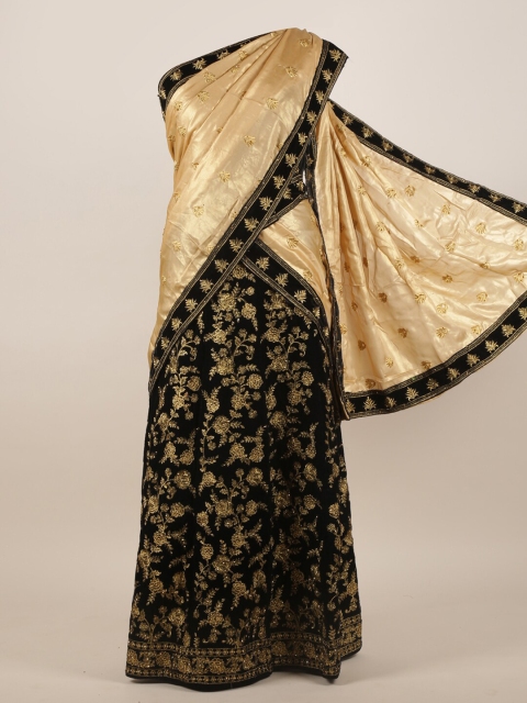 

Pothys Gold-Toned & Black Embroidered Satin Half Lehenga Saree