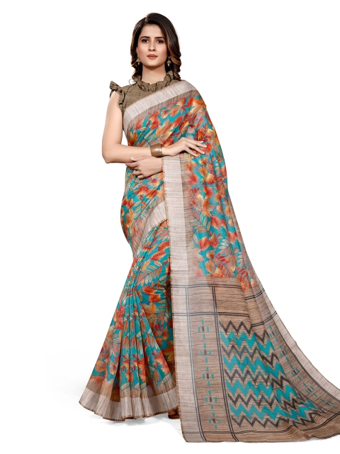 

KALINI Teal & Red Floral Printed Zari Bagh Saree