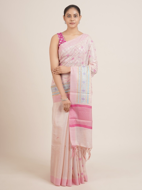 

Pothys Women Pink & Blue Embroidered Tissue Saree