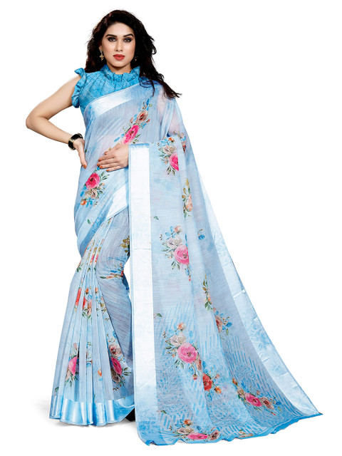 

KALINI Blue & Pink Floral Printed Bagh Saree