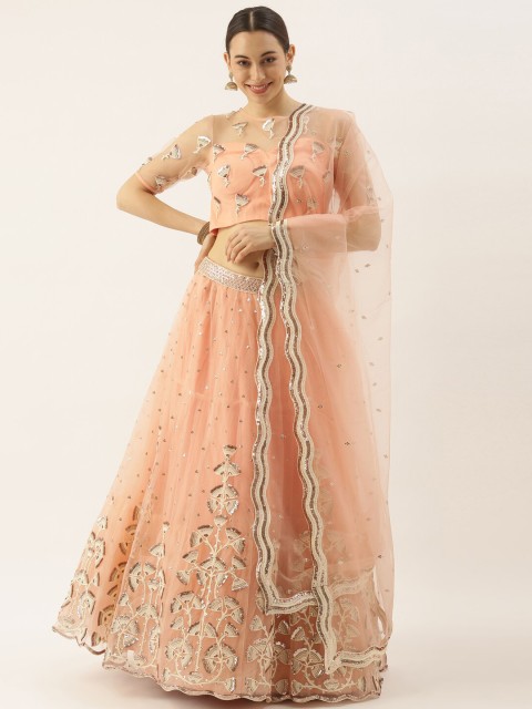 

panchhi Peach-Coloured Embroidered Sequinned Semi-Stitched Lehenga & Unstitched Blouse With Dupatta
