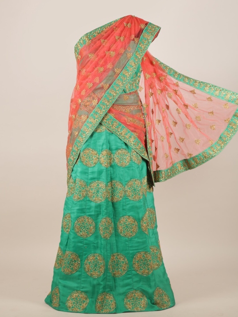 

Pothys Pink & Green Ethnic Motifs Beads and Stones Net Half Saree