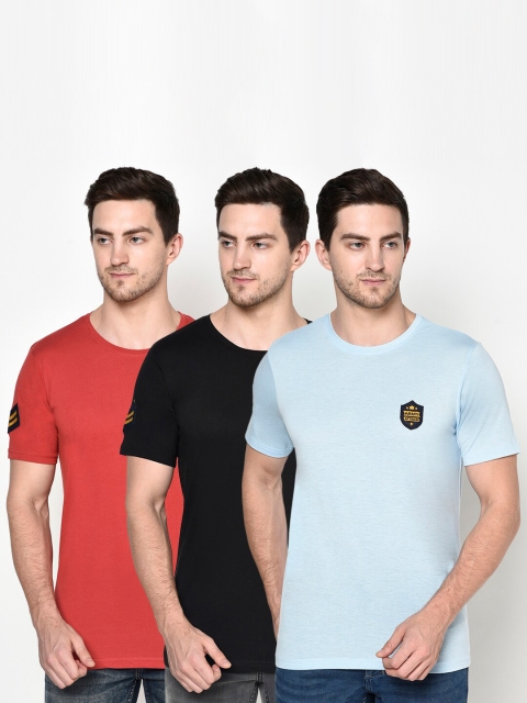 

ELEGANCE Men Pack of 3 Red & Black Applique Placement T-shirt