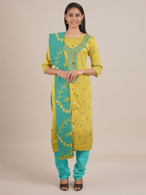 

Pothys Yellow & Sea Green Embroidered Unstitched Dress Material