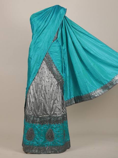 

Pothys Blue & Grey Embellished Beads and Stones Jute Silk Half Lehenga Saree