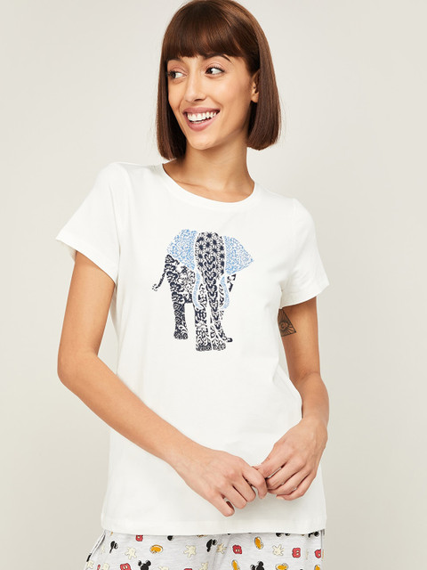 

Ginger by Lifestyle Women White Printed Cotton Lounge T-shirt