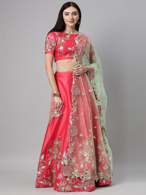 

panchhi Rust & Sea Green Embroidered Sequinned Semi-Stitched Lehenga & Unstitched Blouse With Dupatta