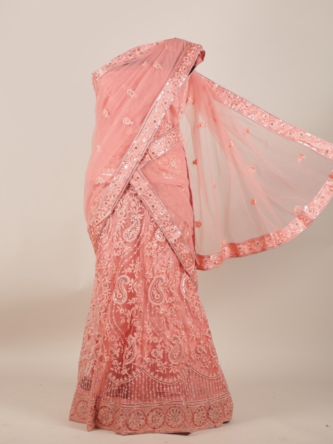 

Pothys Peach-Coloured Paisley Sequinned Net Half Saree