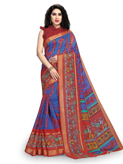 

KALINI Blue & Red Ethnic Motifs Baluchari Saree