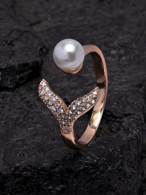 

Ferosh Rose Gold-Toned & White Stone-Studded & Beaded Adjustable Mermaid Finger Ring