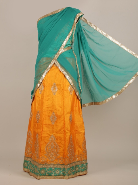 

Pothys Orange & Teal Ethnic Motifs Beads and Stones Half Saree
