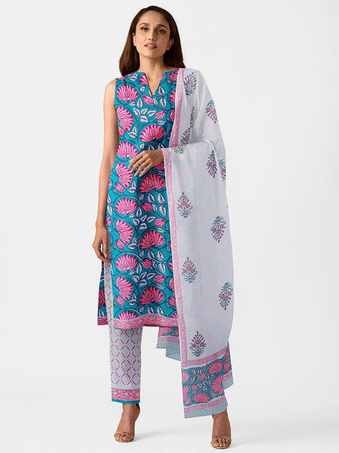 

Taneira Blue & Pink Printed Pure Cotton Unstitched Dress Material