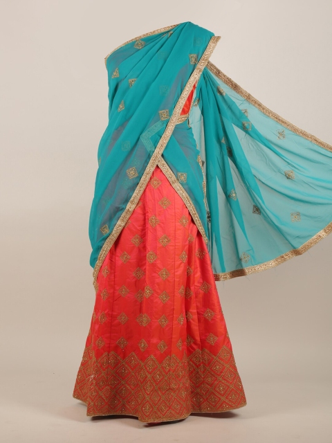 

Pothys Turquoise Blue & Orange Ethnic Motifs Embellished Zari Half Lehenga Saree
