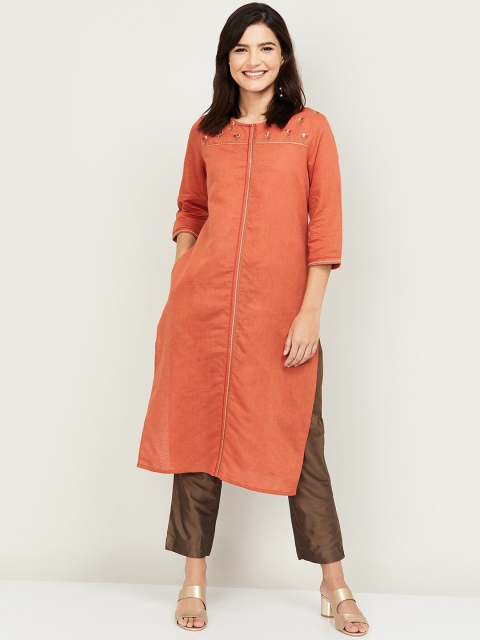 Melange by Lifestyle Women Rust Orange Cotton Yoke Design Straight Kurta