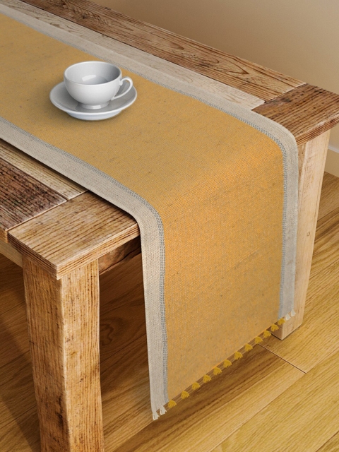 

Fabindia Mustard Yellow & Beige Solid Cotton Jute Woven Table Runner