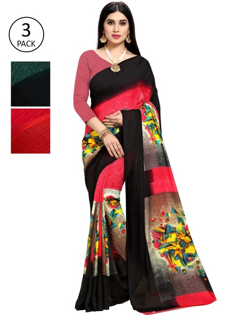 

KALINI Pack Of 3 Printed Sarees, Pink