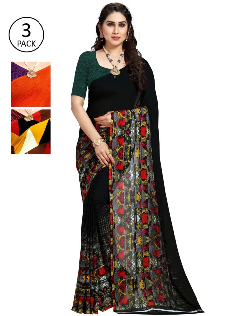 

KALINI Pack Of 3 Multicoloured Printed Sarees, Orange