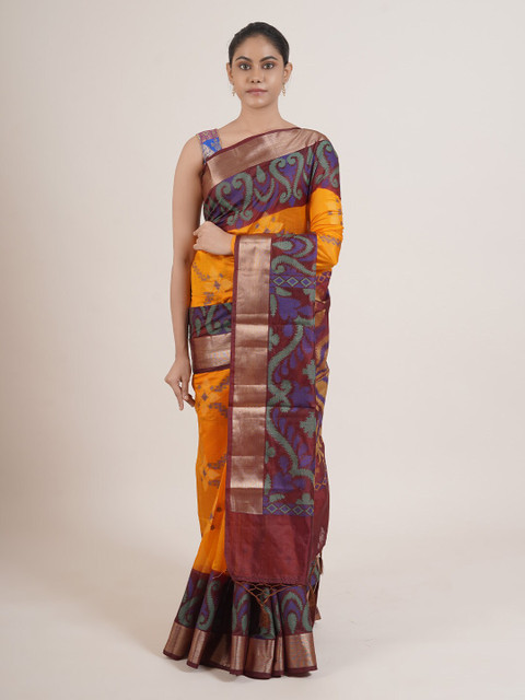 

Pothys Yellow & Burgundy Cotton Blend Ethnic Motifs Printed Saree