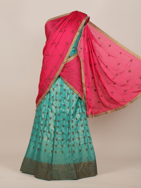 

Pothys Teal & Pink Ethnic Motifs Half & Half Saree