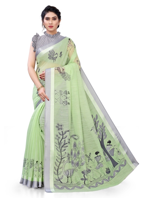 

KALINI Green & Grey Warli Printed Saree