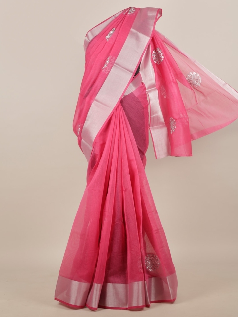 

Pothys Women Pink & Silver Cotton Blend Embroidered Saree