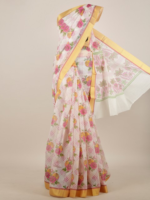 

Pothys White & Pink Floral Printed Zari Border Saree
