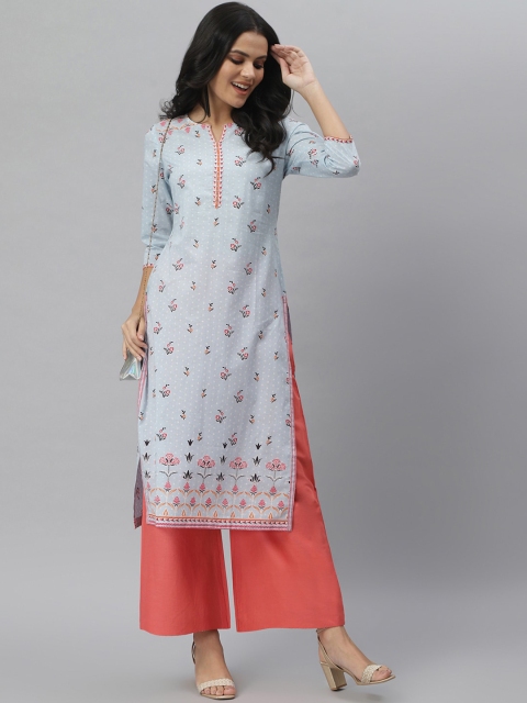 

QOMN Women Blue & Black Floral Printed Indigo Pure Cotton Straight Kurta