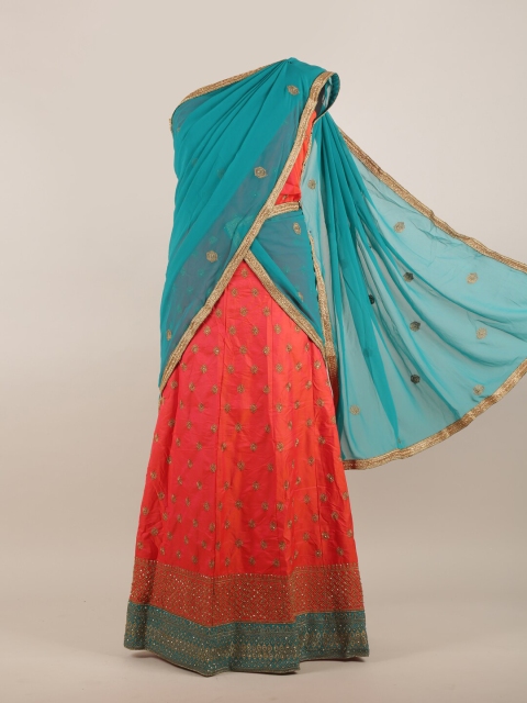 

Pothys Women Turquoise Blue & Orange Half Saree Set