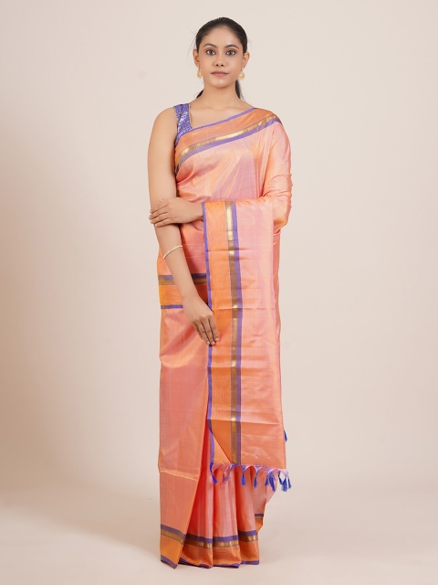 Pothys Orange & Blue Solid Pure Silk Kanjeevaram Saree