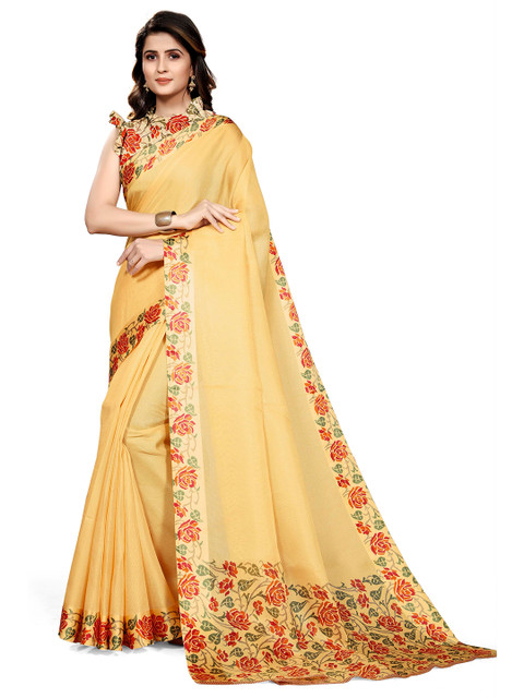 

KALINI Yellow & Red Floral Jute Cotton Bagh Saree